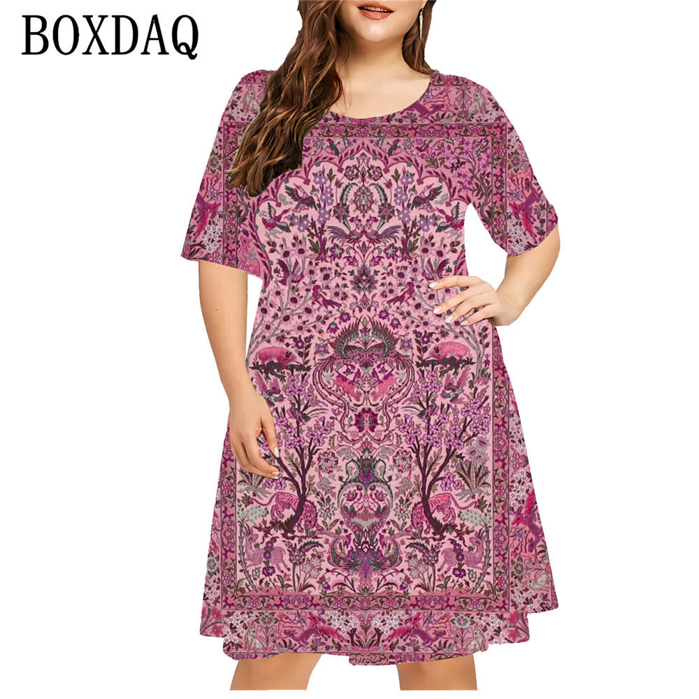 Vestido estampado em 3D com estilo étnico feminino, plus size, casual, manga curta, solto, linha A, verão, vintage, senhoras, tamanhos grandes, 6XL: 2XL / Azul