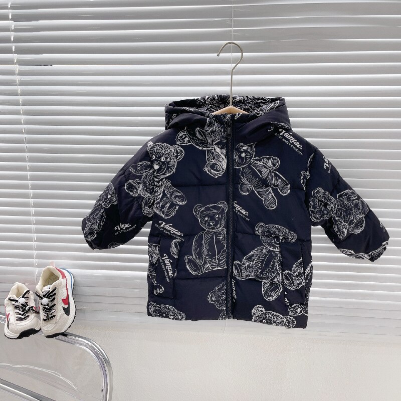 Kinderen Donsjack Herfst En Winter Cartoon Beer Print Capuchon Donsjack Voor Jongens 2-6T: Navy / 2T(90-100cm)