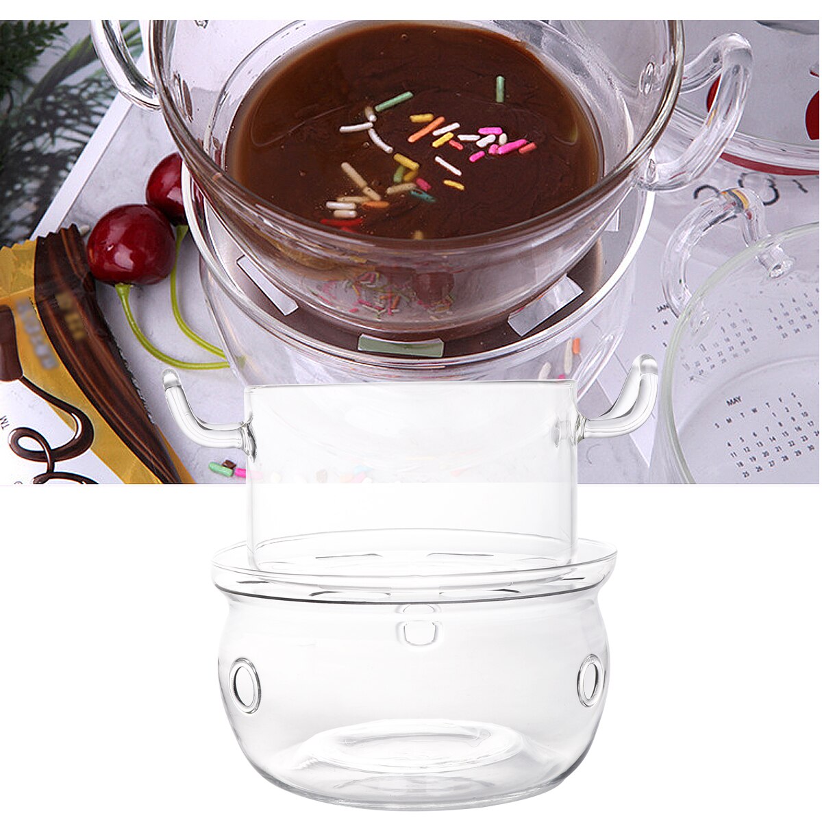 1 Set Columniform Glass Chocolate Melt Pan Durable Baking Pan Butter Cheese Melt Pan Party Pot with Base for Home Kitchen A5