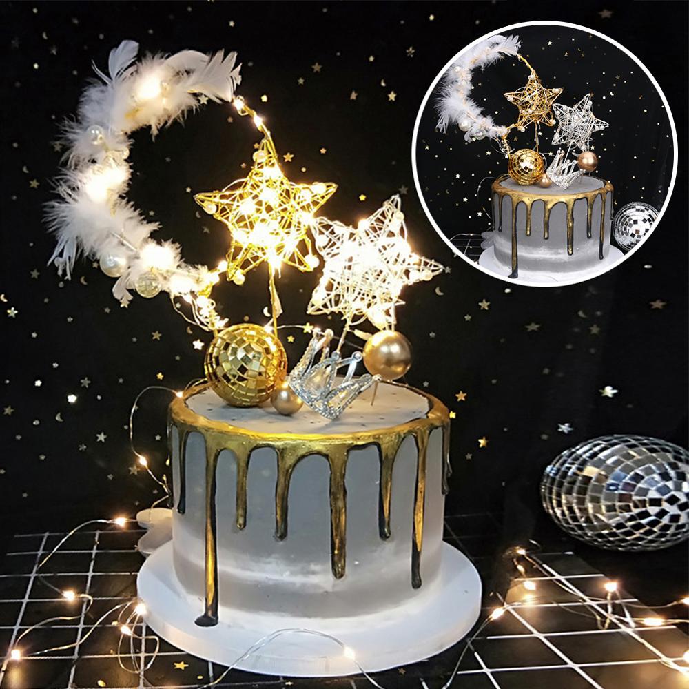 1PC Luna, Estrella y corazón forma LED perla pastel Toppers Bebé feliz cumpleaños boda Cupcakes pastel decoración herramienta