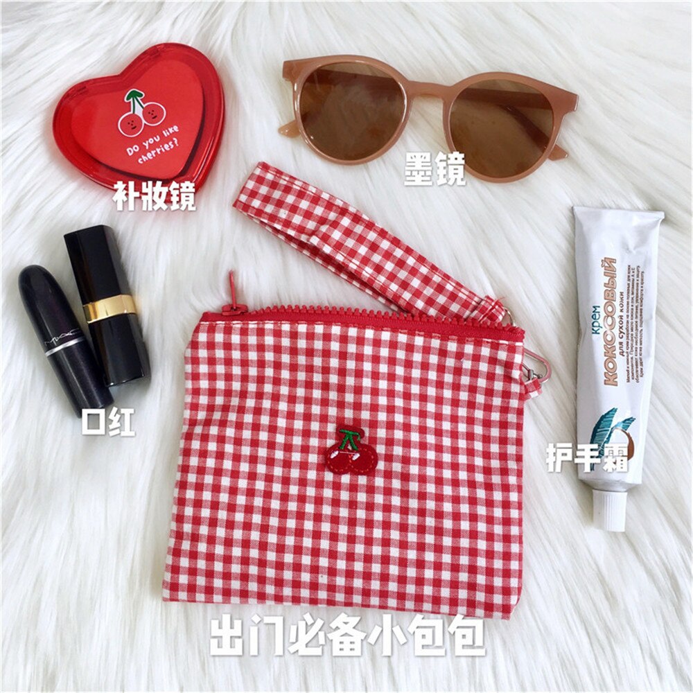 1 pc ins kirsebærrød plaid makeup læbestift taske unge piger sød clutch make up håndleds taske til kvinder rejse kosmetik taske