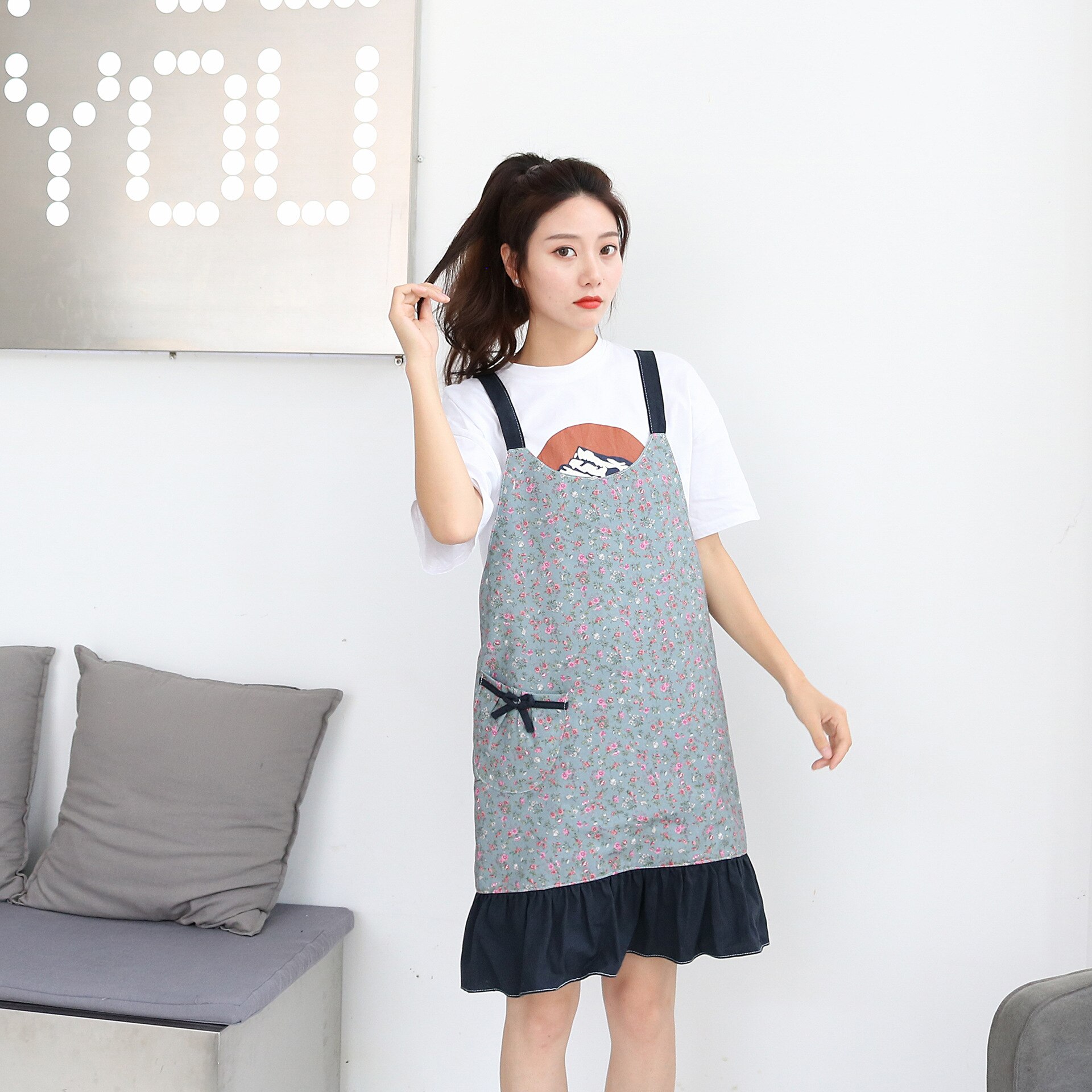 Delantal de algodón cocina hogar impermeable y a prueba de aceite bonita con flores delantal vestido estilo uniforme flor café uniforme: A