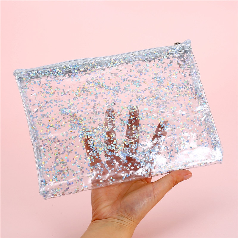 Transparent pvc-påse smink för kvinnor flyttade paljetter clutch handväska resor necessärer stor organisatör kosmetisk väska pennfodral