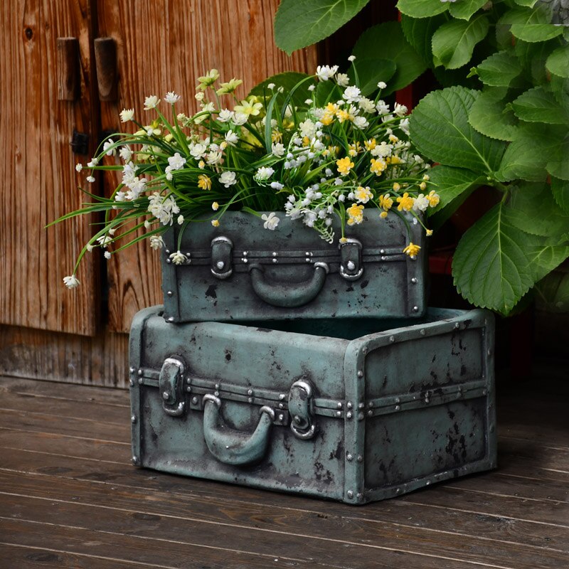 Bloempot Rechthoekige Retro Blauw Koffer Sculptuur Bloempot Groen Rose Venster Succulent Bloempot Tuinieren Tuin Decoratie