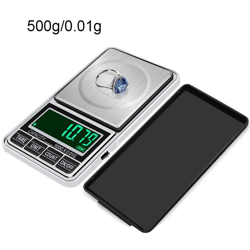 Mini Jewelry Scale USB Charging Pocket Digital Scale 100g/200g/300g/500g 0.1/0.01g Precision Electronic Balance LCD Weight Scale: 500g-0.01g