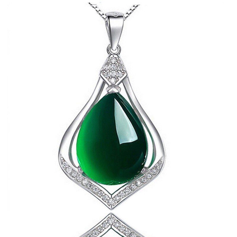 Popolare in Argento 925 Goccia D'acqua Verde Giada Del Pendente Della Collana Calcedonio Accessori Dei Monili di Fascino di Modo Amuleto per I Regali di Donne