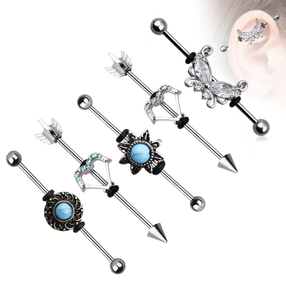 Schmetterling Pfeil Industrielle Hantel für Frauen Männer Stahl CZ Knorpel Wendel Ohrringe Zucht Karosserie durchbohren Schmuck Oreja 14G x 38mm 1PC