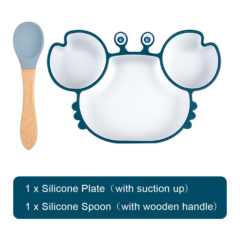 Crab Suction Cup Plate Dispensing Silicone Baby Dishes Set Children's Spoon Compartment Kids Tableware Feeding Kit Food Bowl: B S2