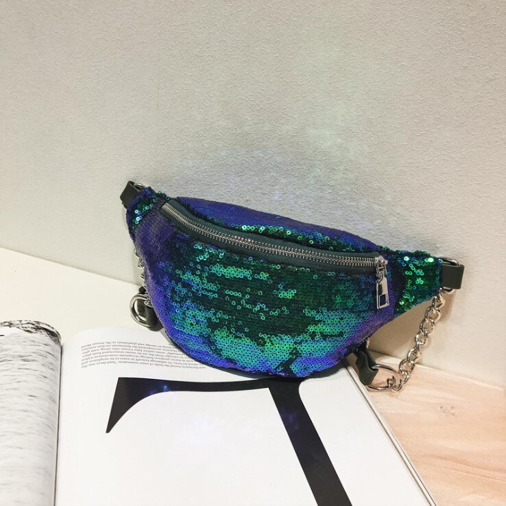 Kvinner bag glitter paljett fanny pack lær veske belte midje rumpe bag reise sport lomme veske: Grønn