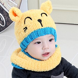 White/Khaki Color Winter Kids Cap Scarf Set For Girls Boys Warm Baby Set Cap And Scarf Lovely Kid Neckerchief: Yellow