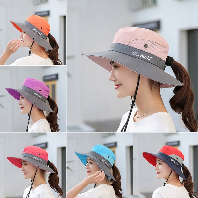 Outdoor Hiking Wide Brim Bucket Hat Women Quick Drying Breathable Packable Sunshade UV-proof Ponytail Cap With Chain Strap