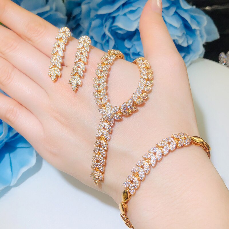 CWWZircons-Conjunto de 3 uds. De Micro pavé de circonia cúbica colgante, flor de hoja, joyería de boda para mujer, accesorios de vestido de de noche T403