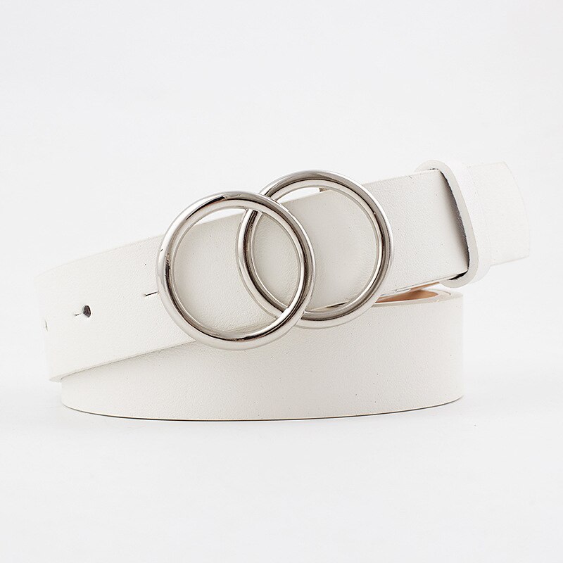 Cinturón con hebilla de doble anillo para mujer, Vintage informal, hebilla plateada que combina con todo, cinturilla de cuero artificial, novedad de: Blanco