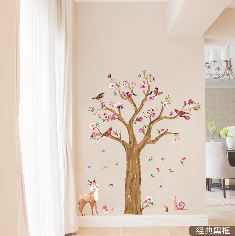 145*170cm tegneserie dyr træ væg klistermærke til børneværelse håndmalet akvarel fugle hjorte tapeter dejlig blomst væg klistermærke