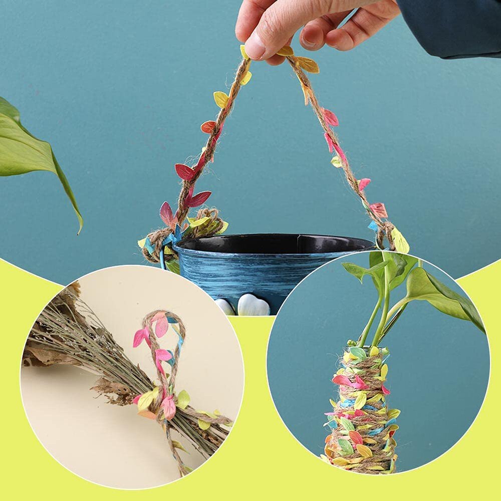 5 meter/lot naturligt jutegarn 5mm säckvävsband med konstgjorda vingröna löv för pysselhantverk bröllopsträdgårdsinredning