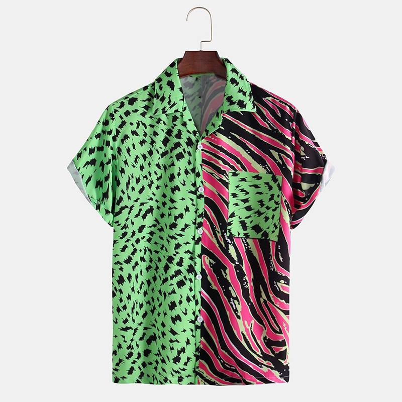Sommer mænd skjorte print patchwork kortærmet revers stilfuld personlighed strand mænd hawaiiansk skjorter streetwear camisa incerun: Grøn / Xxl