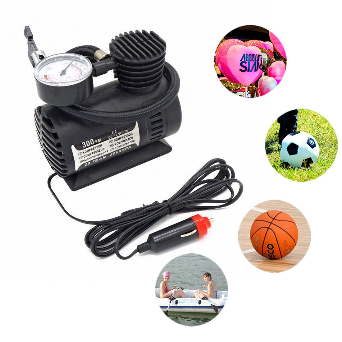 Portable 300 PSI Digital Tire Pump Auto Air Compressor Car Tire Inflator with Pressure Gauge for Car Bicycle Ball Rubber Dinghy