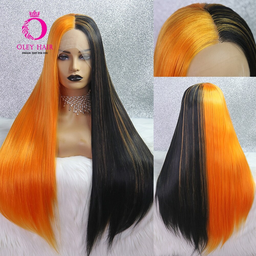 Half Orange Half Black Wig Glueless Synthetic Lace Front Wig Mango Swirl Long Straight Cosplay Wigs For Black Women