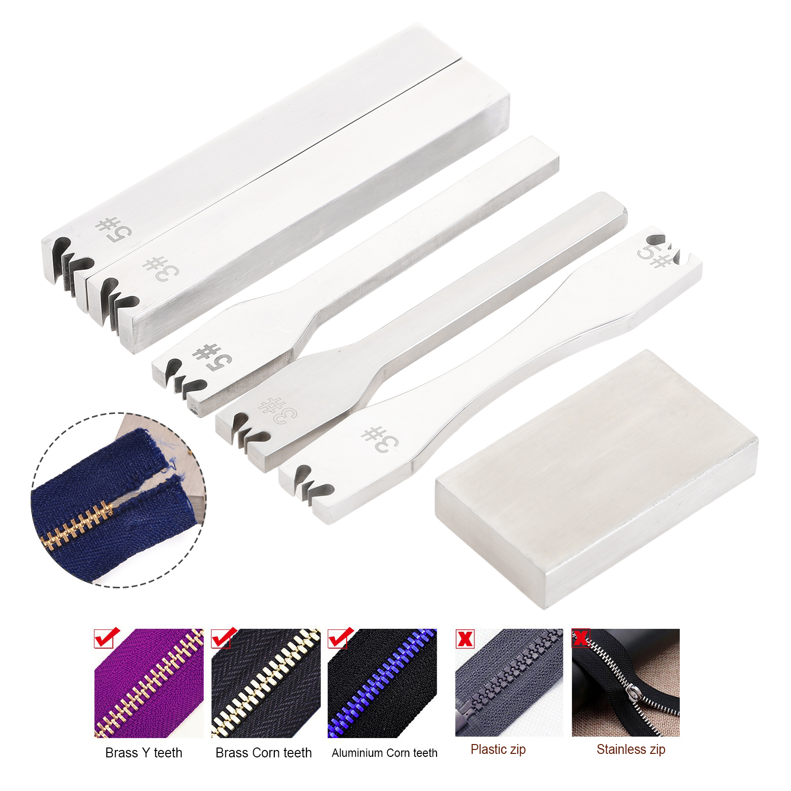 1pc Zipper Teeth Remove Tool 3# 5# Thicken Stainless Steel Code Loading Zip Pliers Hitting Board Leather Craft DIY Clothes Bag