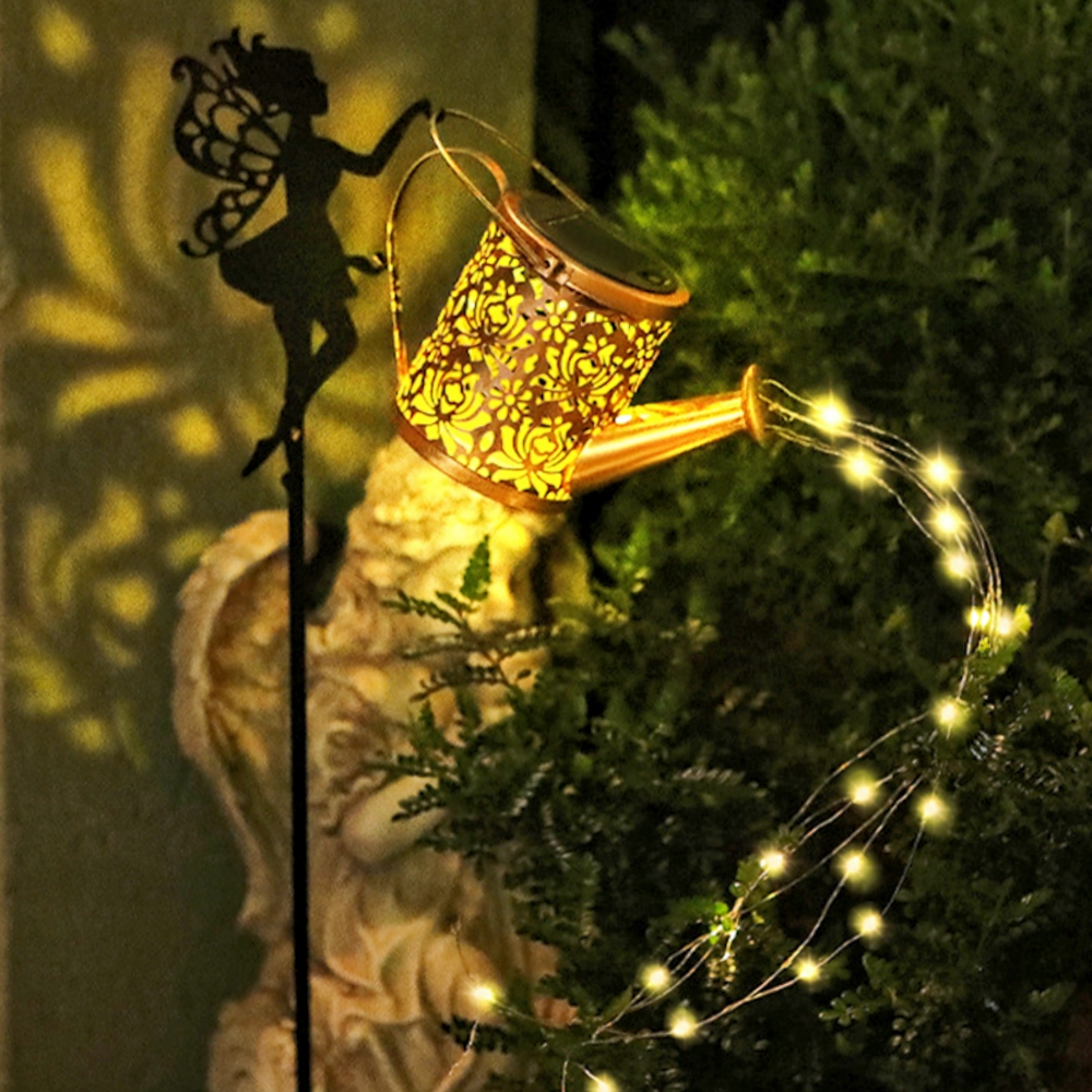Fairy Solar Watering Can Lights Outdoor Waterfall Garden String Fairy Lights Solar Metal Kettle Projection Light Garden Decor: Yellow
