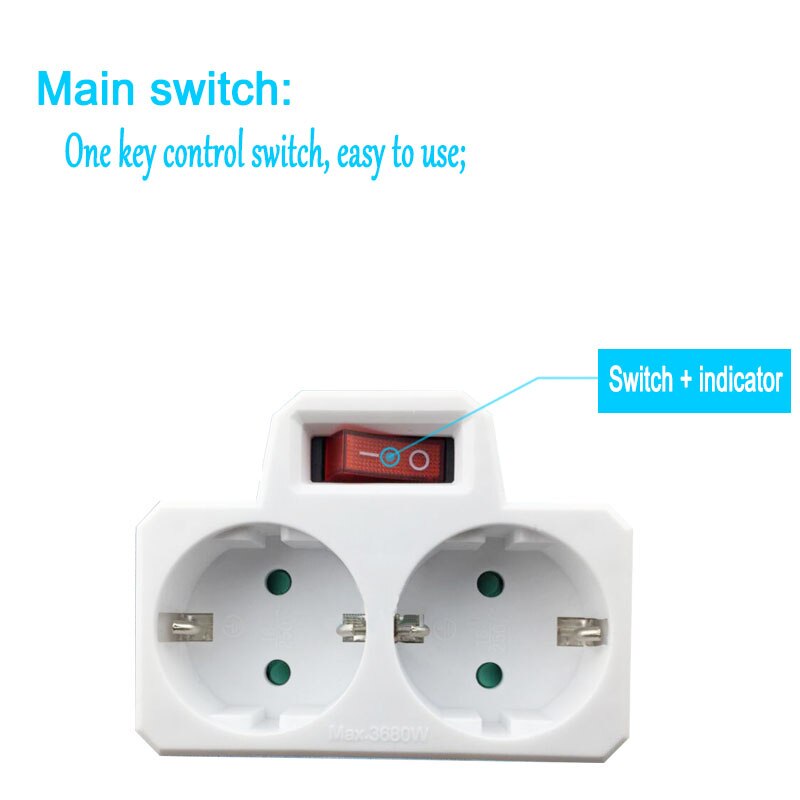 16A 250V 4.8mm European Conversion Plug Socket 1 TO 2 Ways Power Adapter Socket with Switch ON/OFF EU Standard Plug