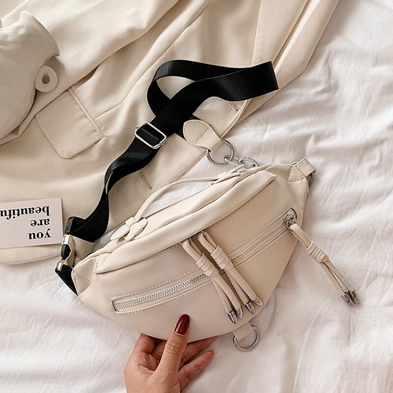 Women Waist Bag PU Leather Women's Handbag Girl Casual Chest Bag Small Lady Travel Shoulder Messenger Bag: Beige