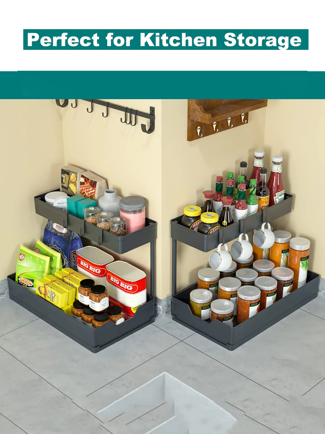 Under Sink Organizer Holder Kitchen Cabinet Drawers Organization Shelf with Double Sliding L-shape Narrow Space Storage Rack