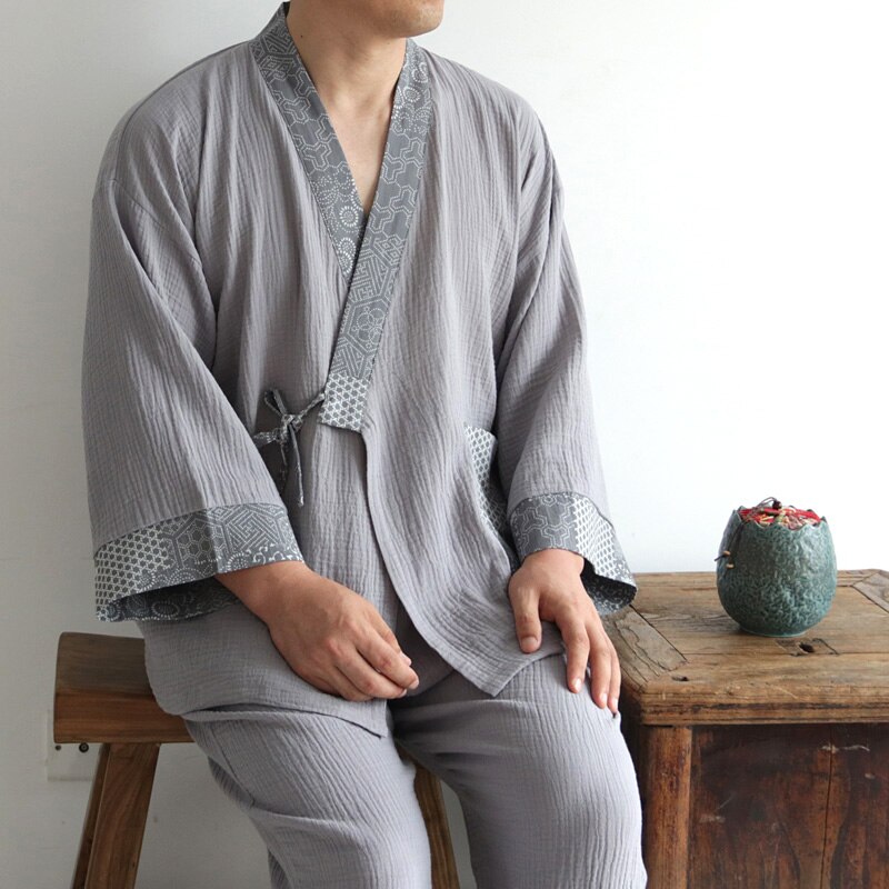 Kimono japonais hanfu pour hommes et femmes, en crêpe délavée, en coton pur, manches longues, peignoir de bain, ensemble haut et pantalon yukata, 2022: color3 / L