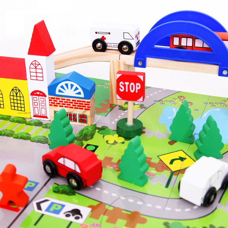 40 pcs Urban Rail Transit Scene Combination Overpass Rail Car Children's Educational Track Disassembly Wooden Toy