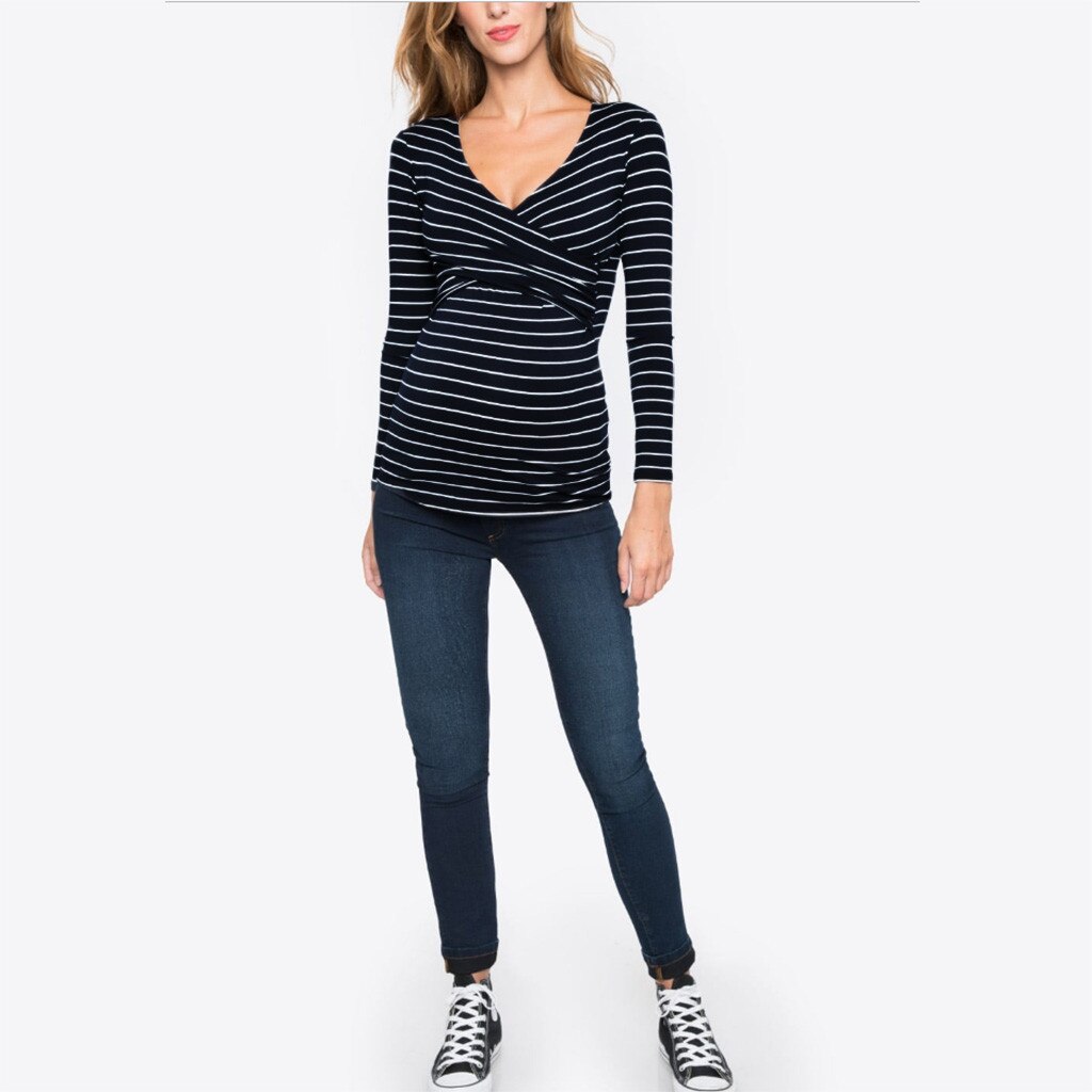 4 # Dames Moederschap Tees Zwangere Vrouwen Borstvoeding Streep Lange Mouw Tees Zwangere Tees Gestreepte T-shirt Zwangerschap T-shirt