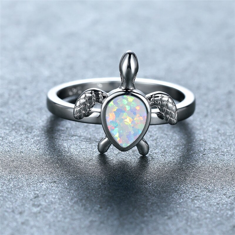 Wit Blauw Opal Water Stone Ring Charm Zilver Kleur Schildpad Ring Vrouwelijke Schattige Kleine Zee Schildpad Ringen Voor Vrouwen boho Sieraden