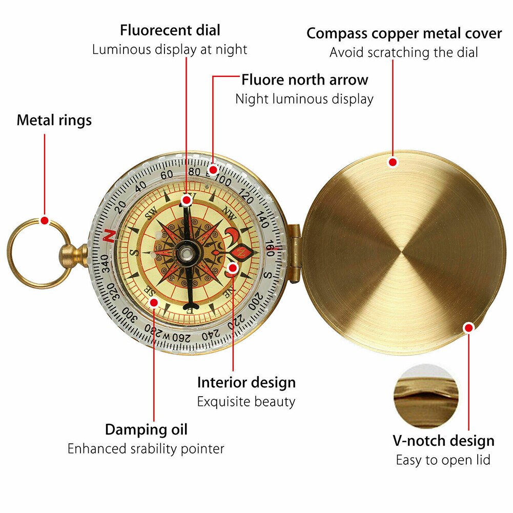 Retro Luminous Compass Camping Hiking Brass Pocket Watch Compass Multi-function Compass for Outdoor Navigation Portable Compass