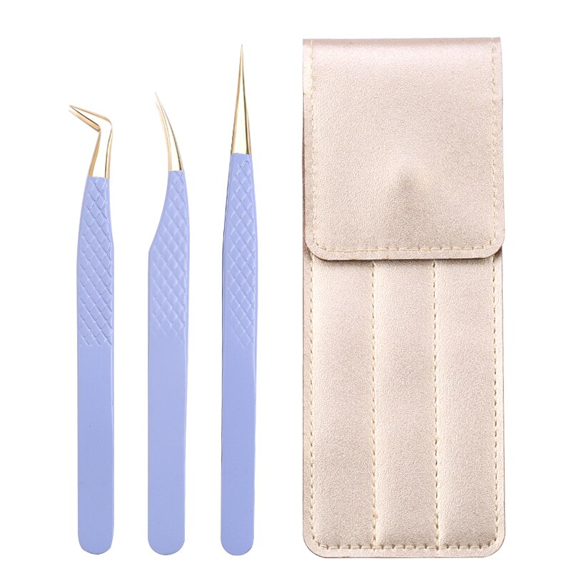 3Pc Eyelash extension Tweezers Set With Bag Stainless Steel Accurate 3D Volume Fan Lash Eyebrow Tweezer Makeup Tools Accessories: Dark pink