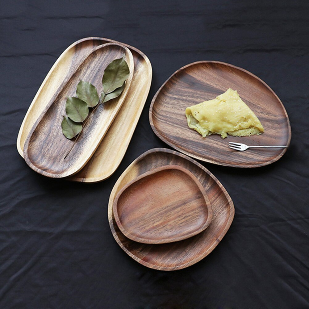 Round Solid Wood Plate Whole Acacia Wood Fruit Dishes Wooden Saucer Tea Tray Dessert Dinner Breakfast Plate Tableware Set