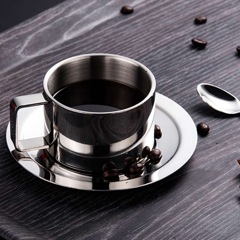200ml rustfrit stål espresso kaffekop tallerken ske sæt 304 dobbelt væg varmeisolering mælk kaffe krus drinkware dropshippin