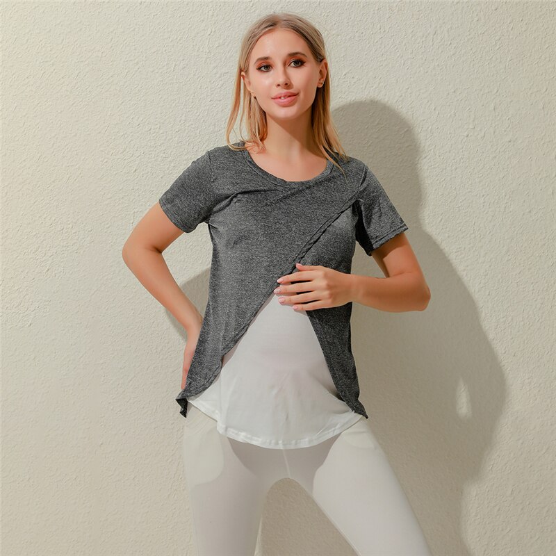 Zwangerschaps- en voedingsshirts, gestreept zomer-t-shirt met ronde hals, korte mouwen, onregelmatige tops, casual borstvoedings-t-shirt