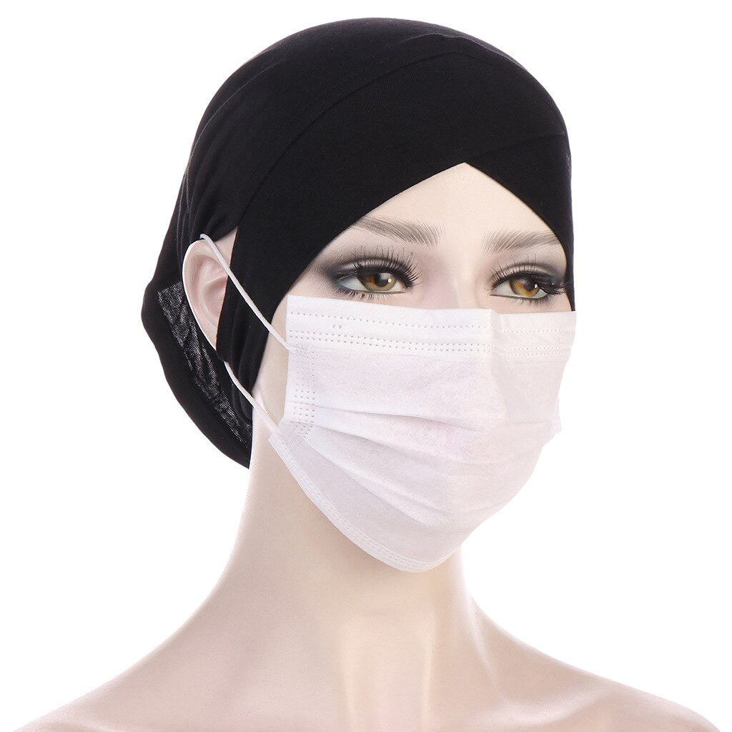 Turban torsadé intérieur Hijabs pour femmes musulmanes, couvre-chef croisé avec trous pour les oreilles, vêtements ethniques, casquette, masque, enveloppe de tête pour dames islamiques: Black