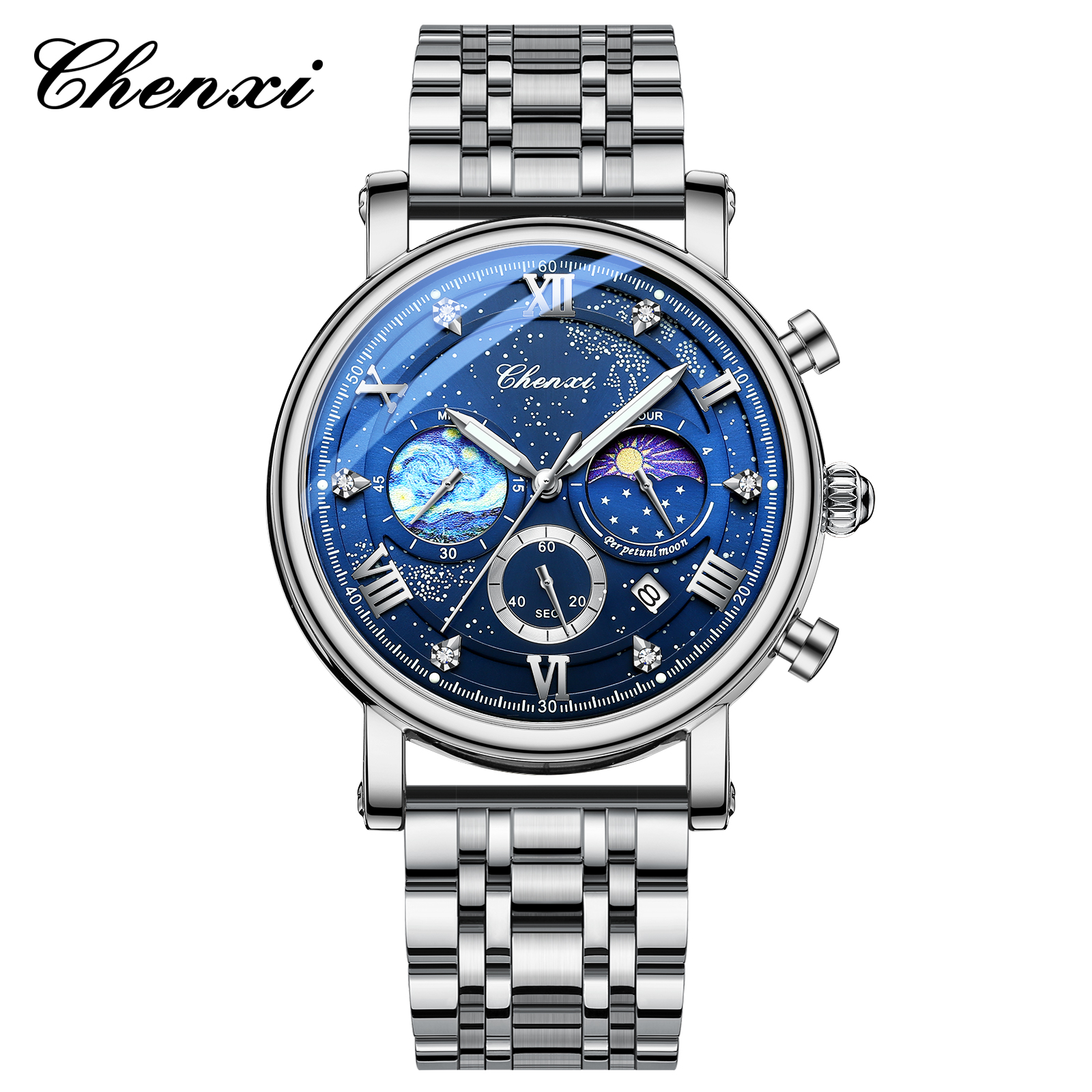 Chenxi herreur multifunktionel kronograf månefase dato quartz ure til mænd himmelsk urskive rustfrit stål armbåndsur: Blå