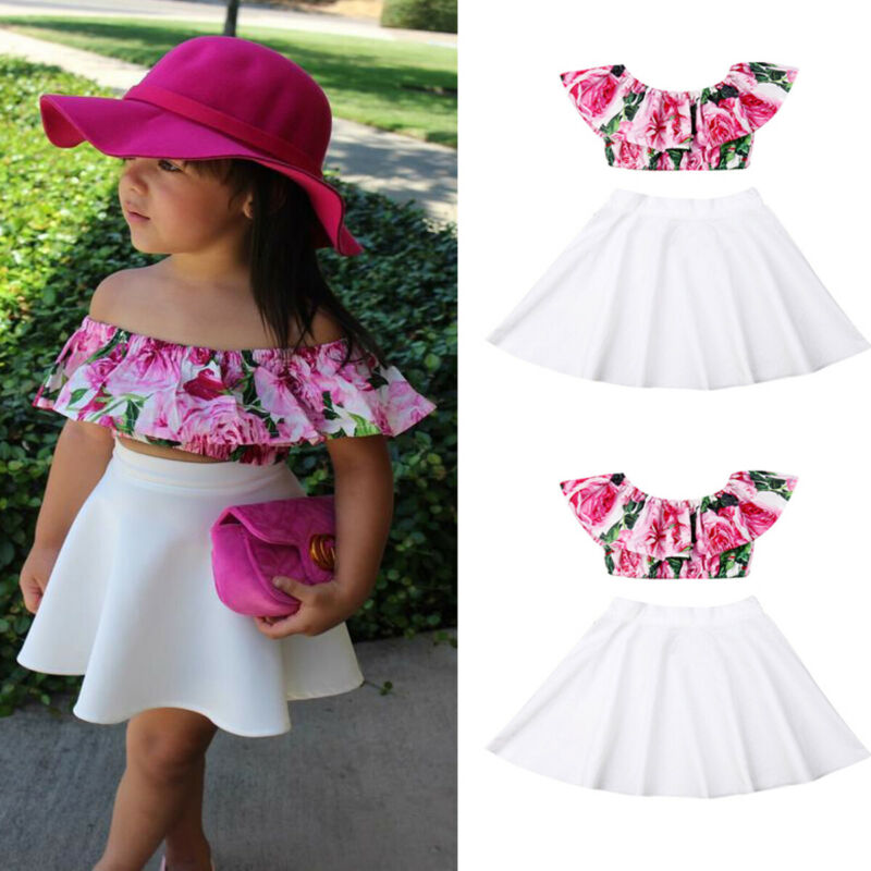 Set van 2 zomerkleding voor peuters en meisjes, een off-shoulder topje, rokje en jurkje