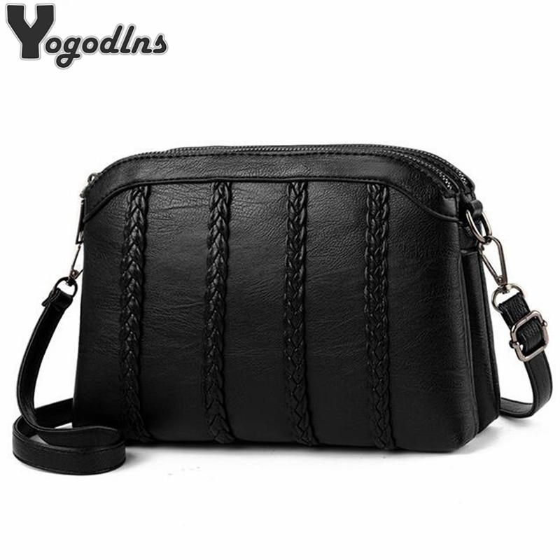 Casual Lady Crossbody Bags Women Soft PU Leather Shoulder Bags For Female Mother Small Black Striped Weave Pattern Messenger Bag