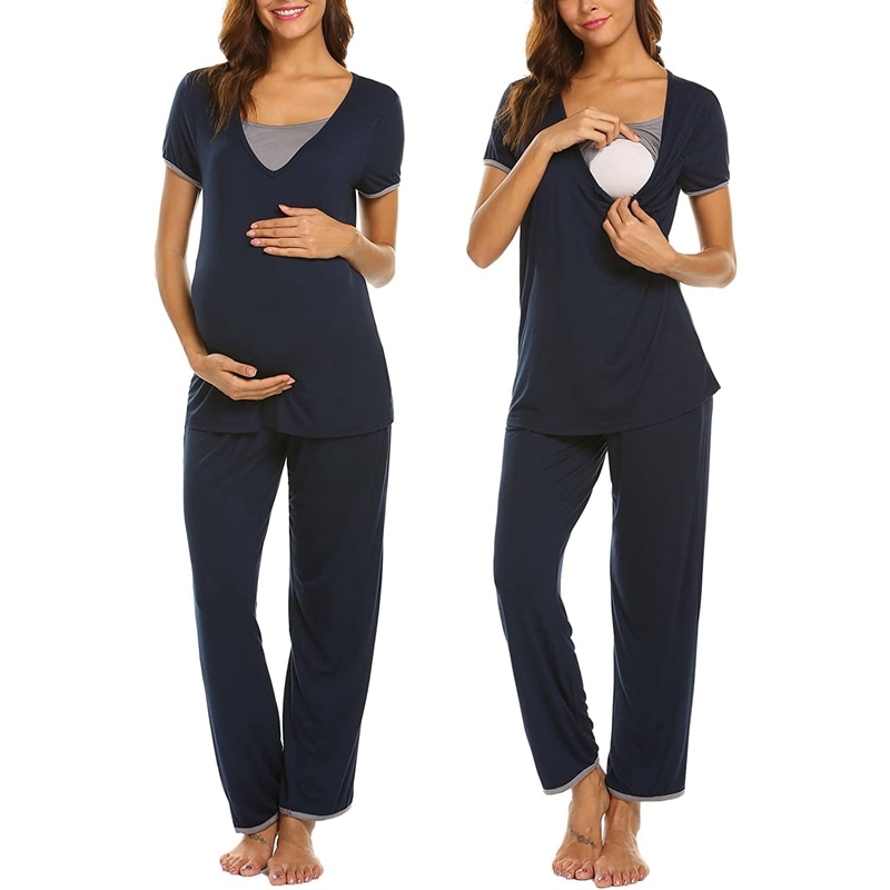 Gravide pyjamas kvinder barsels korte ærmer ammende baby t-shirt toppe+lange bukser pyjamas sæt