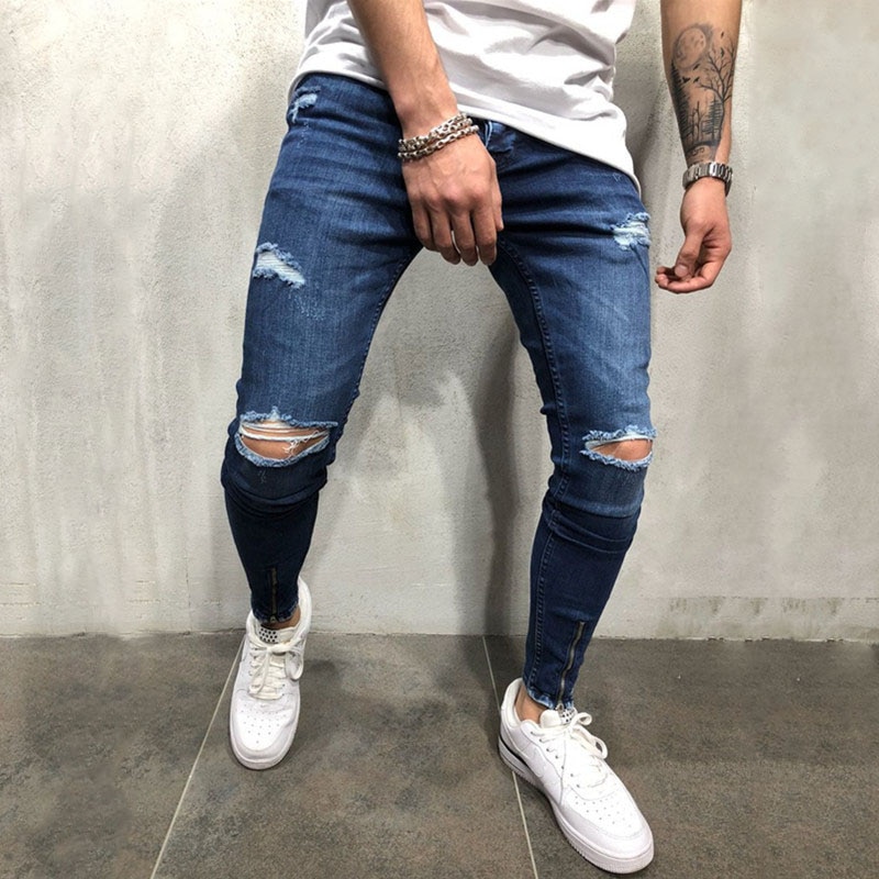 Men blue Knee Ripped Skinny Jeans Streetwear distressed Destroyed Slim Elastic cowboy Hip-hop Hole Joggers Denim pants