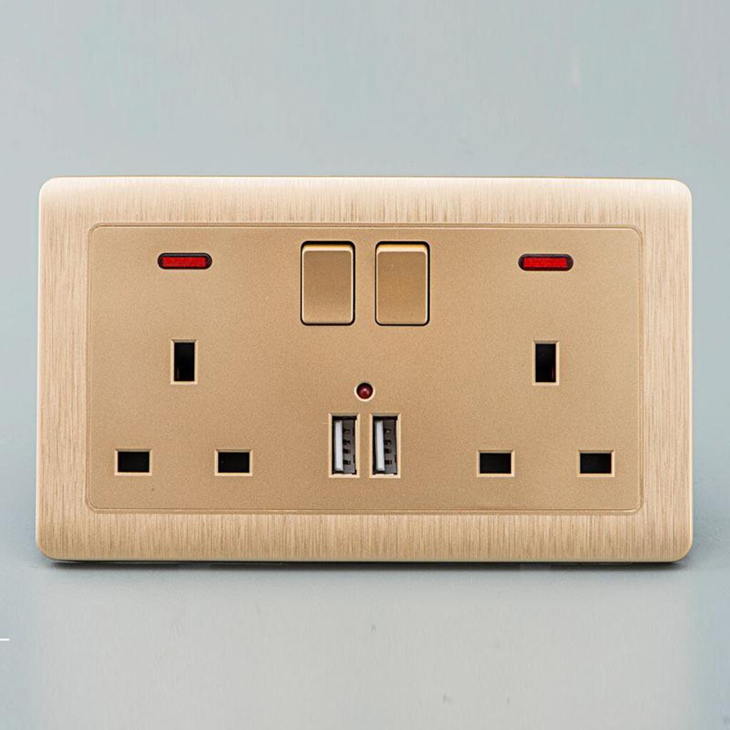 Double Wall UK Plug Socket 2 Gang 13A with 2 USB Charger Outlets, Easy to Use