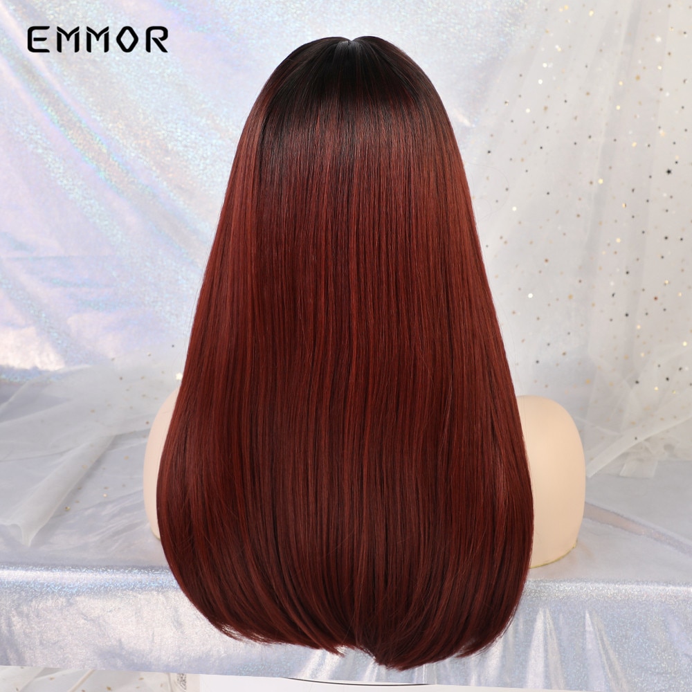 Emmor peruca cabelo sintético reto com preto natural, fibra de alta temperatura, vinho, vermelho, ombré, marrom, para mulheres