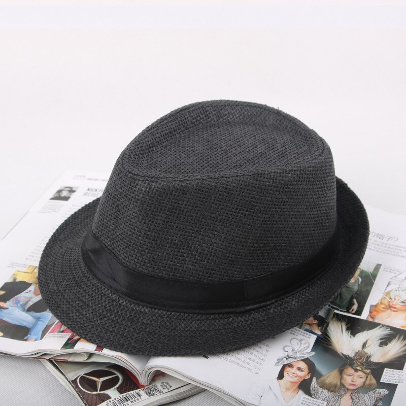 Jazz männer Hut Woven Stroh Sonnenschirm Hut Lässig Hut Gürtel Schnalle Strand Hut Stroh Sonnenhut Weiß Hochzeit Schwarz Gürtel frauen Fedoras Gorro: NO.2-Black