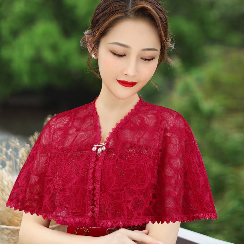 Zwart Wit Champagne Burgundy Lace Bruiloft Jas Cape Wrap Korte Bruids Wraps Sjaal Vrouwen Avond Bolero Bruid Capes Mariage: Burgundy