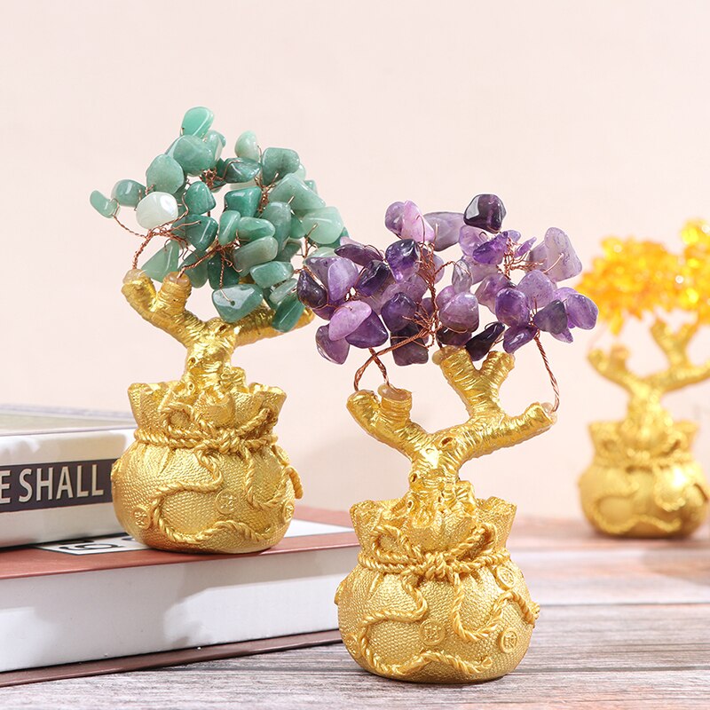 1Pcs Golden Crystal Lucky Schat Boom Gunstige Wishful Rijkdom Home Office Decoratie Standbeeld Kristal + Hars