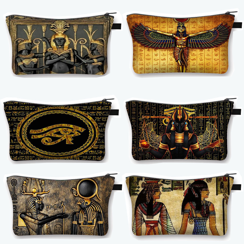 Egyptiskt konsttryck kosmetikafodral kvinnor sminkväskor egypten farao anubis necessär liten handväska läppstiftshållare kosmetisk väska