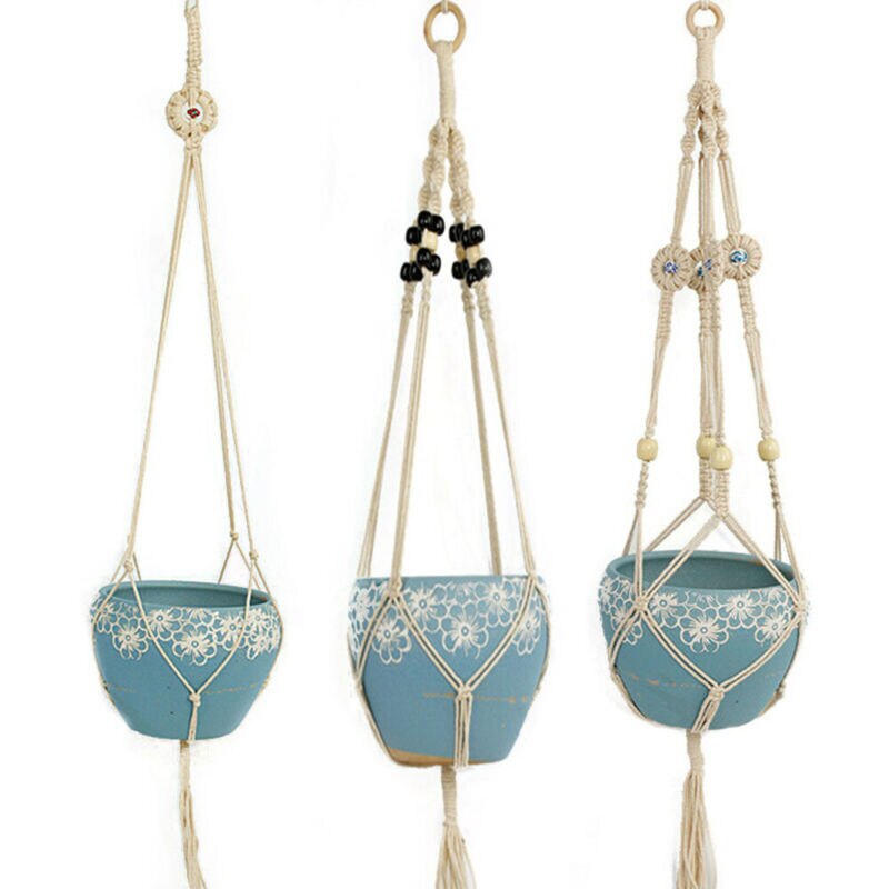 Decoratieve plantenhanger macramé plantenhanger voor buiten, hangende plantenmand van katoentouw met 4 poten