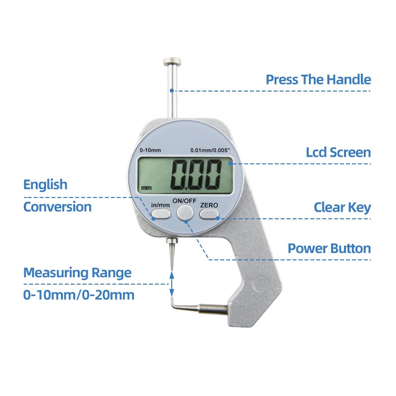 Digital Display Thickness Gauge Zinc Alloy Electronic LCD Micrometer Metric Imperial Wall Thickness Measurement Tools 0-10/20mm